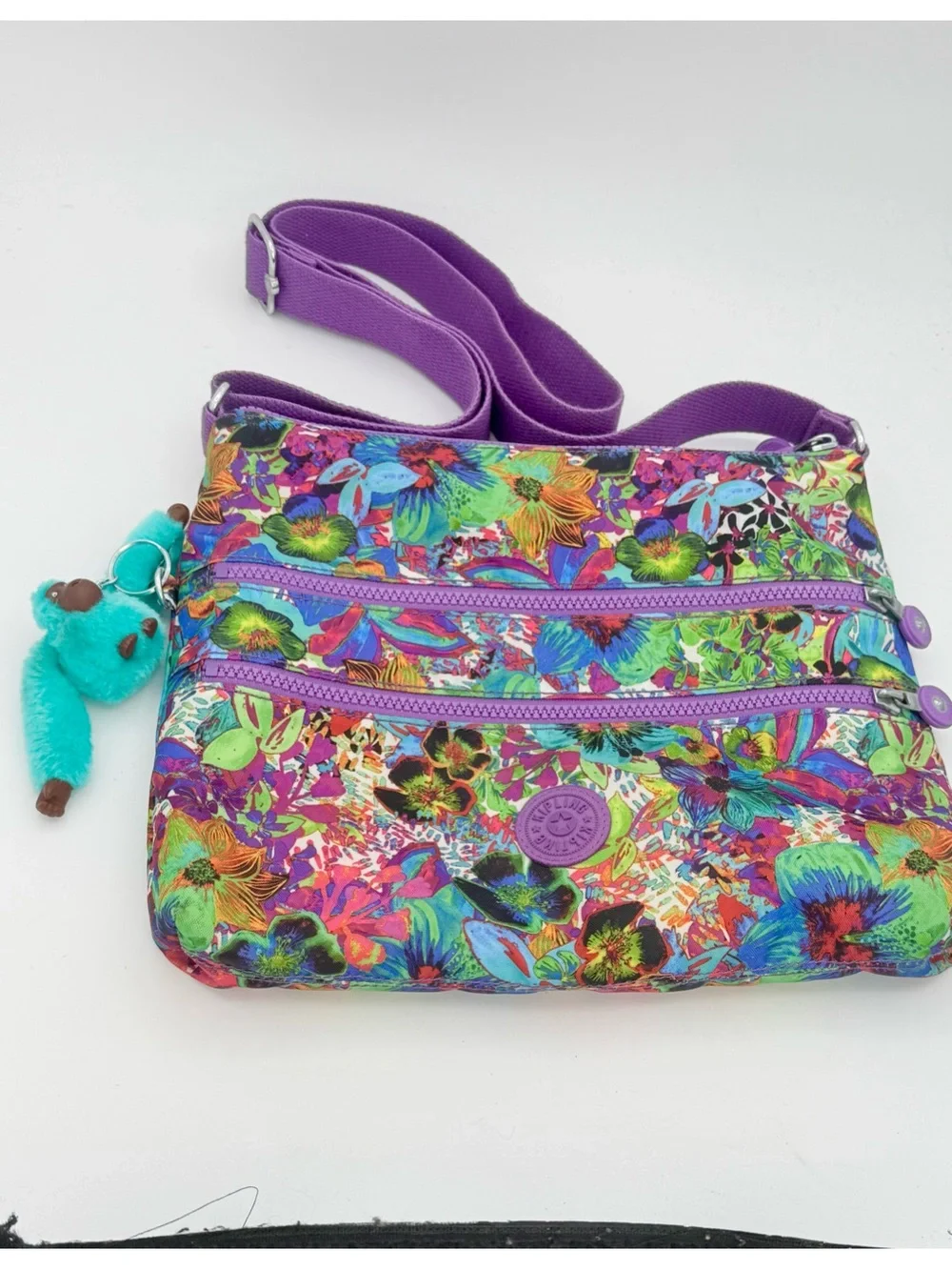 Kipling - women’s Keiko purple floral print Crossbody bag blue monkey